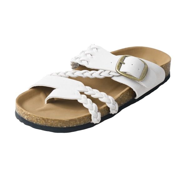 KEXE Summer Sandals For Women Womens Boho Adjustable Buckle Woven Cork Slides Outdoor Leisure Slippers(SIZE:7.5,White)