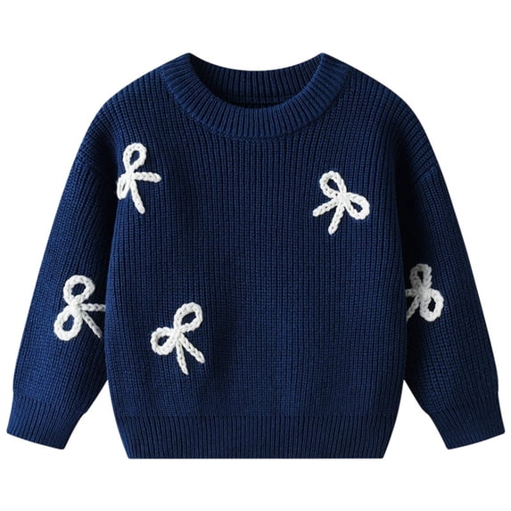 KEXE Sweaters For Boys Toddler Girls 3D Bow Rib Knit Sweater Crew Neck For Spring Outdoor Walks Family Travel(5-6 Years,Navy)