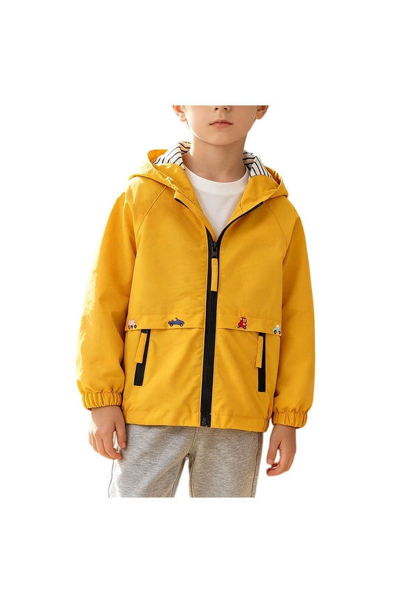 Toddler Spring Jacket Boys Spring Hooded Wind Jacket Striped Lining Color Contrast Pocket Coat（6-7 Years，Yellow）