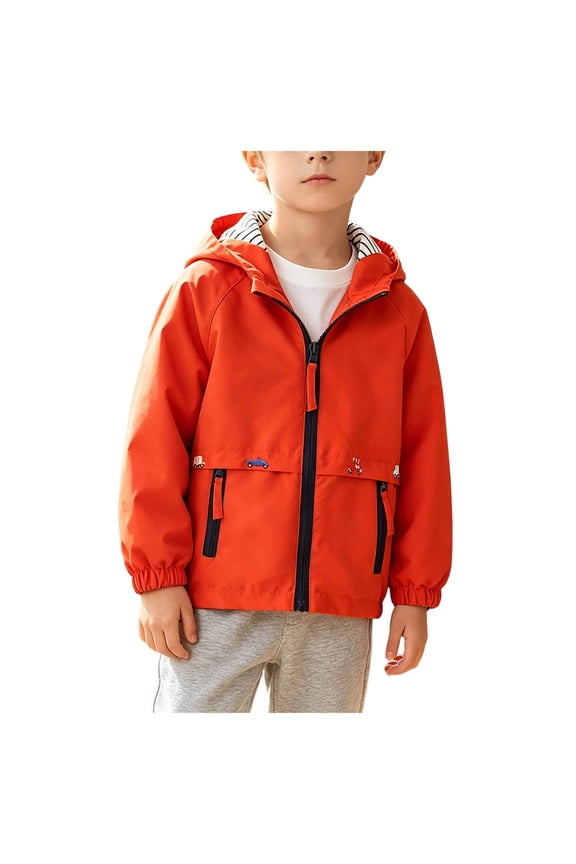 Toddler Windbreaker Jacket Toddler Boys Striped Inner Lining Wind Hood Jacket Vehicle Embroidery Kids Casual Outerwear（4-5 Years，Red）