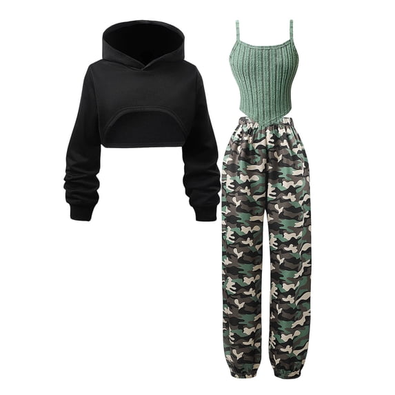 KEXE Tween Girl Outfits Casual Teen 3pcs Matching Outfit Sleeveless Knit Top Cropped Hood Shrug Camo Jogger Trousers(8-9 Years,AG)