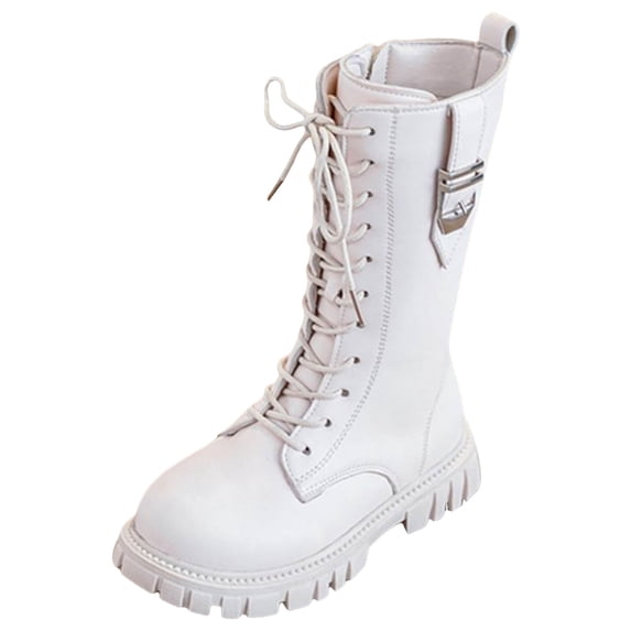 KEXE White Combat Boots For Girls Girls Boots Size 2 Girls Lace Up Boots Mid Calf Combat Boots Pu Leather Boot 10.5-11 Years