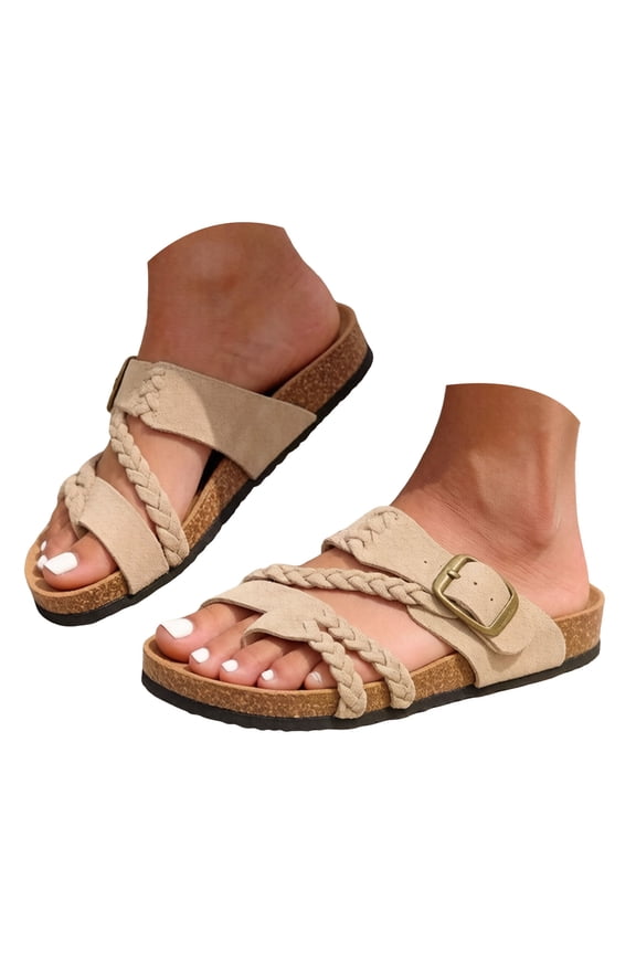 Women Sandals Women Braided Strap Cork Slide Sandals Adjustable Buckle Soft Non Slip Beach Walking Slides(SIZE:6.5,Beige)