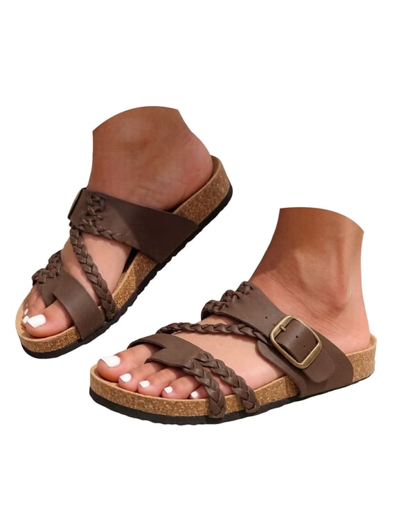 Women's Flat Sandals Women Braided Strap Cork Slide Sandals Adjustable Buckle Soft Non Slip Beach Walking Slides(SIZE:9,Brown)
