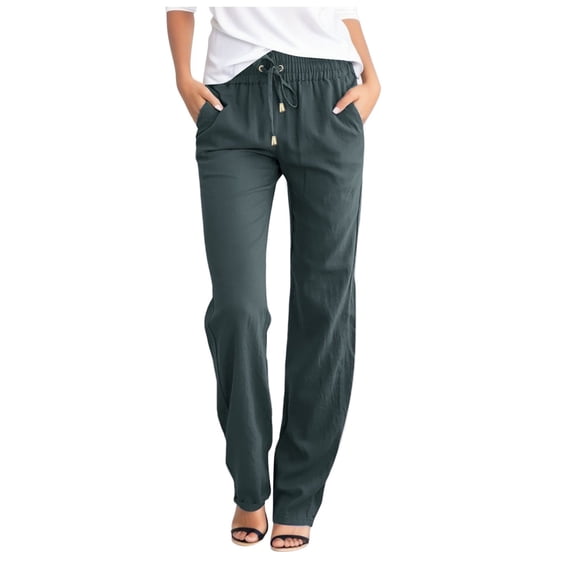 KEXE Womens Linen Pants Ladies Lightweight Cotton Linen Pants Relax Straight Fit Pull String Waist Daily Walking Bottoms(XXL,Dark Gray)