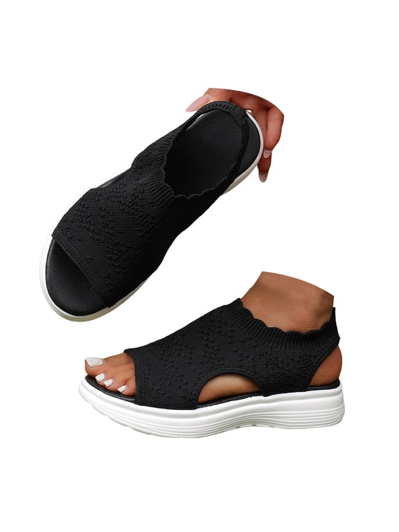 Womens Orthopedic Sandals Women Elastic Knit Open Toe Platform Sandals Cushioned Sole Slip Summer Walking Shoes(size:10,Black)