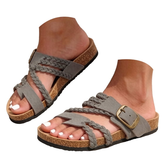 KEXE Womens Sandals Womens Boho Adjustable Buckle Woven Cork Slides Outdoor Leisure Slippers(SIZE:7,Light Gray)