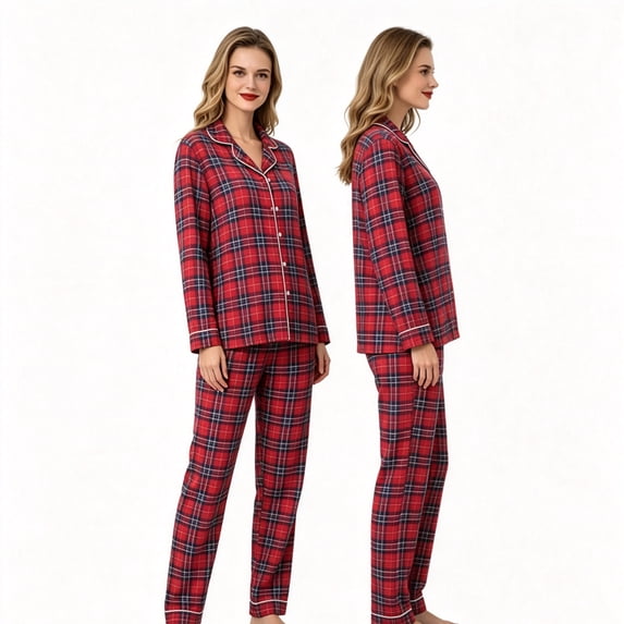 KEXE Womens Sleepwear Set Red Buffalo Check Plaid Long Sleeve Holiday