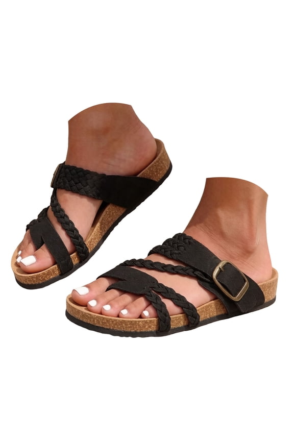 Womens Summer Sandals Female Retro Braided Dual Band Cork Slides Anti Soft Sole Summer Travel Slippers(SIZE:7,Black)