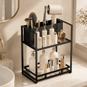 KEXIBO 2-Tier Metal Hair Tool Organizer with Blow Dryer Holder, Bathroom Countertop Storage Rack for Makeup & Skincare, Space-Saving Vanity Shelf, Black