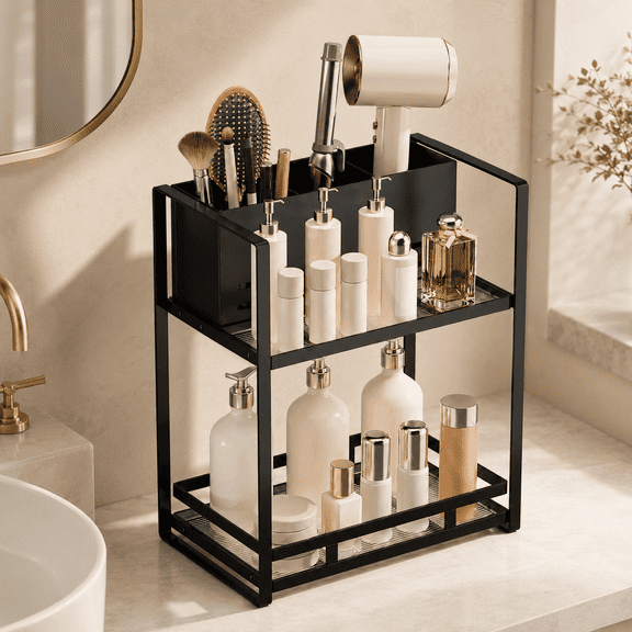 KEXIBO 2-Tier Metal Hair Tool Organizer with Blow Dryer Holder, Bathroom Countertop Storage Rack for Makeup & Skincare, Space-Saving Vanity Shelf, Black