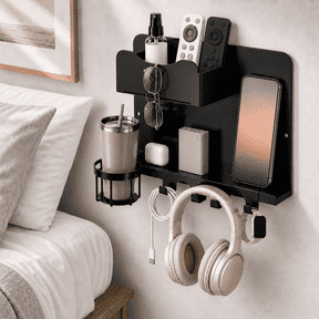 KEXIBO Metal Bedside Wall Shelf with Detachable Cup Holder, Floating Nightstand Organizer for Bedroom, Dorm, Bunk Bed and RV Storage, Black
