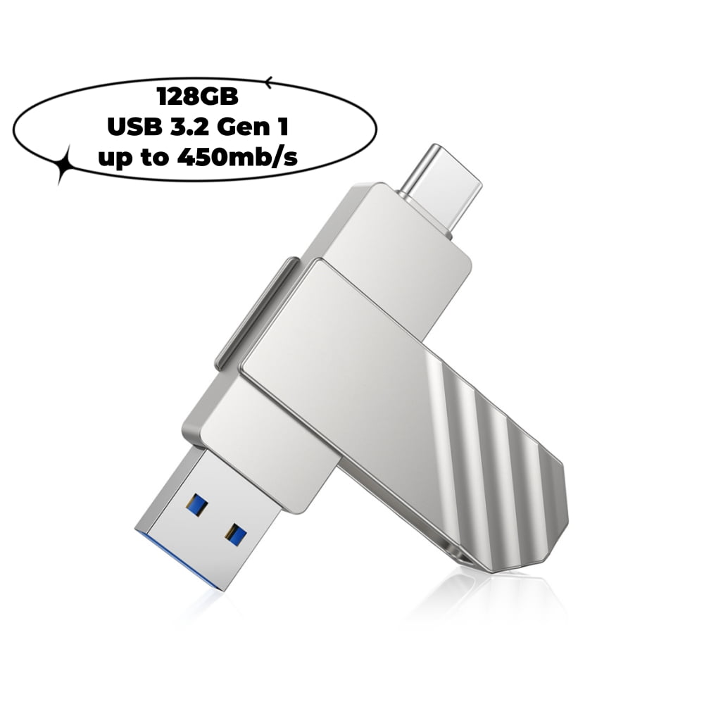 KEXIN 128GB Flash Drive Dual USB 3.2 Type C Thumb Drive up to 450MB/s Portable Memory Stick Waterproof Metal USB C Pen Drive, Silver