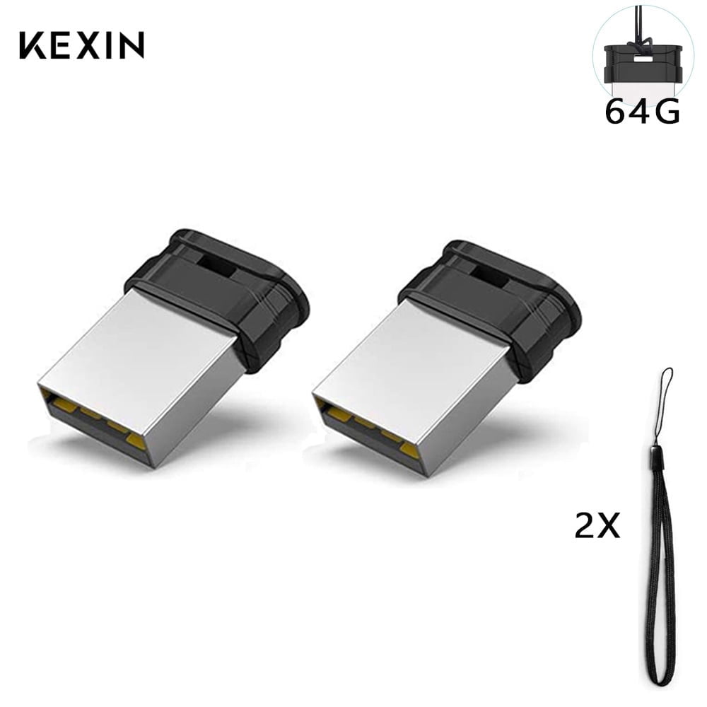 KEXIN 64GB Mini Flash Drive with Lanyard, USB 2.0, Black, 2 pack