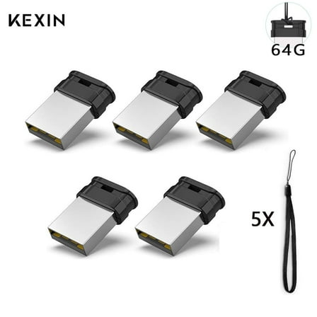 KEXIN 64GB Mini Flash Drive with Lanyard, USB 2.0, Black, 5 packs