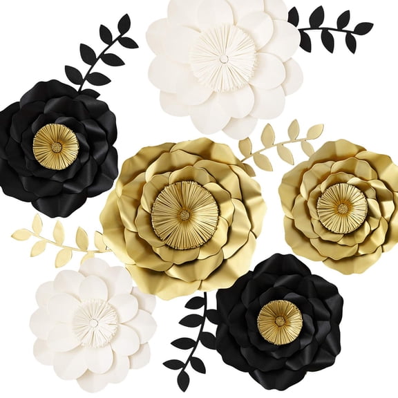 KEY SPRING 3D Paper Flower Decorations, Giant Paper Flowers, Handcrafted Paper Flowers (Gold, Black, White Set of 6) for Wedding, Graduation Decor, Bridal Shower, Birthday Party, New Years Eve Y101