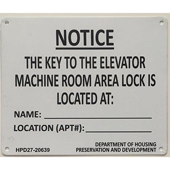 KEY TO ELEVATOR MACHINE ROOM sign (WHITE-aluminium)