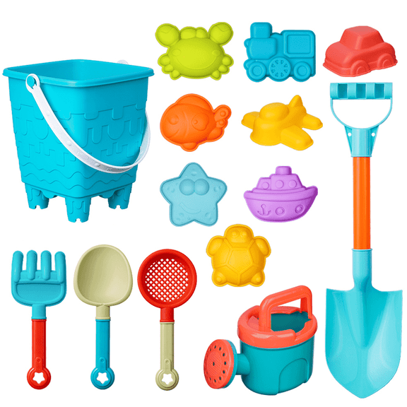 KEYAHAPPY Beach Toys, 14 Piece Sand Toys Set Kids Sandbox Toys Includes Sand Buckets, Watering Can, Hand Tools, Sand Molds & Mesh Bag for Travel, Beach Toys for Kids Ages 3-13