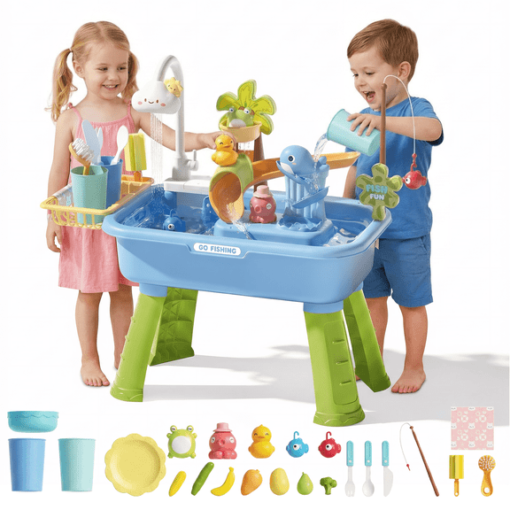 KEYAHAPPY Water Table for Toddlers 1–3, Kids Sand Water Table with Play Sink, Faucet, Play Food Accessories, Fishing Toy, Summer Outdoor Toys for Kids Ages 4–8