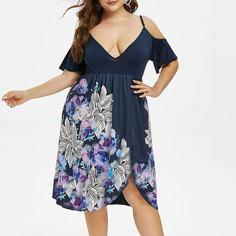 KEYBANG Wedding Guest Dresses for Women Women's High Waist Belly Concealing  V-Neck Strapless Printed Plus Size Dress Blue