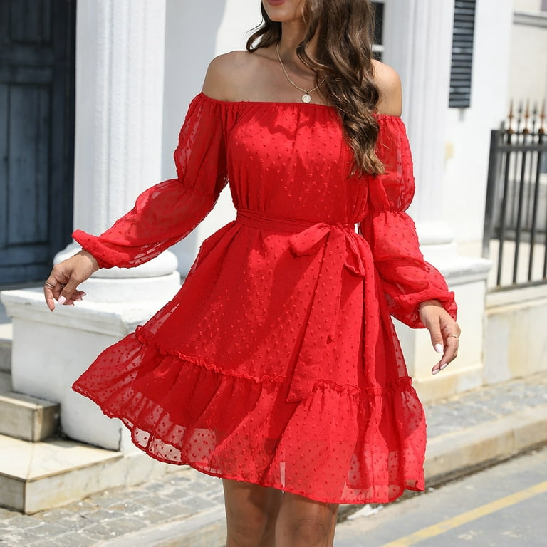 KEYBANG Womens Dresses Long Sleeve Mini Mini Summer Solid Square Neckline  Dress Red 2XL