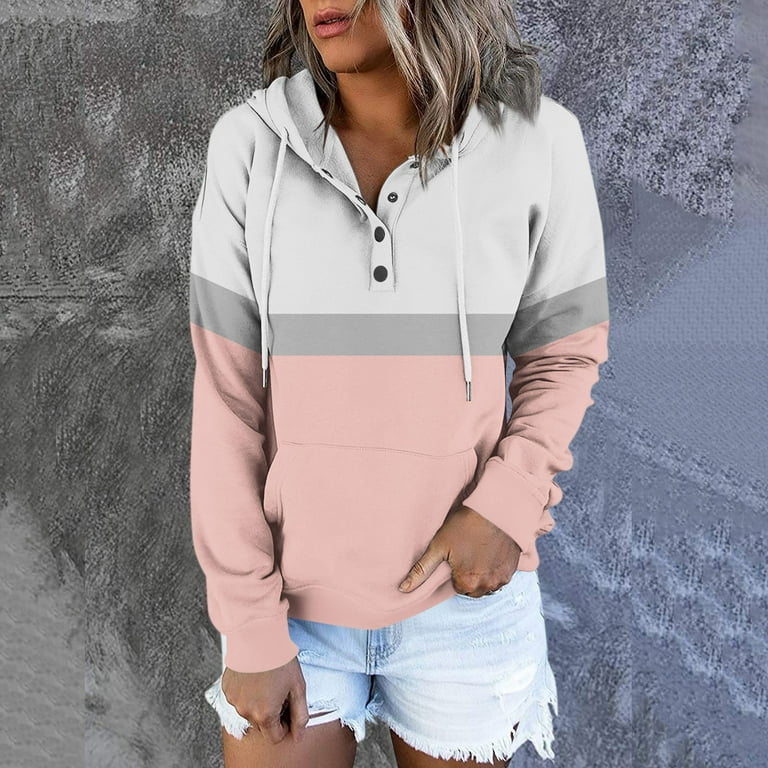 KEYBANG Womens Sweatshirts Plus Size Oversized Hoodie Women's Casual  Fashion Striped Print Long Sleeve Button Pullover Hoodies Sweatshirts Pink L