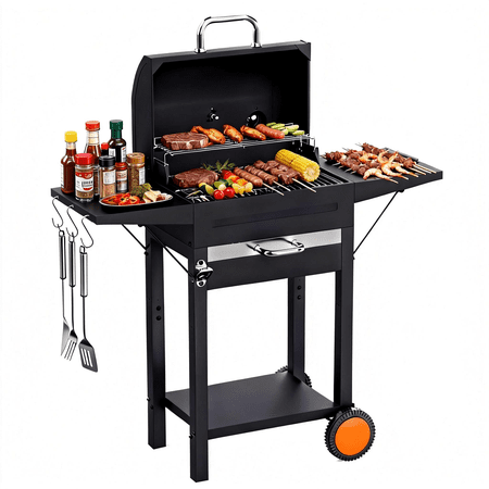 KEYO GRILL Charcoal Grill with Two Side Tables, Removable Ash Pan & Warming Rack, Black