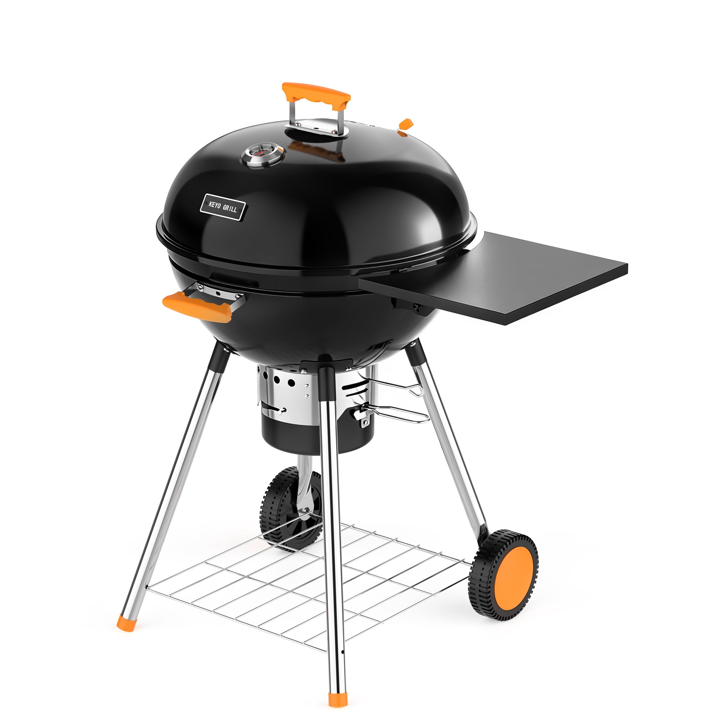 KEYO GRILL 21 in. Kettle Charcoal Grill with Foldable Side Table & Removable Ash Catcher,Thermometer,Black