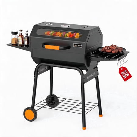 KEYO GRILL 22" Charcoal Grill with Glass Window, 469 Sq. In. Cooking Area, Foldable Side Shelf for Backyard, Black
