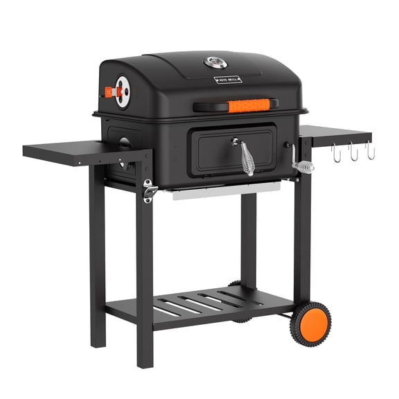 KEYO GRILL Charcoal Grill with Foldable Side Tables & Height-Adjustable Pan, Black