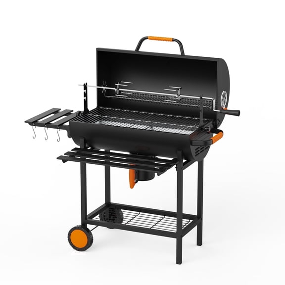 KEYO GRILL Large Charcoal Grill with Foldable Table, Rotisserie & Dual-Zone Charcoal Pans, Black