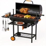 KEYO GRILL Large Charcoal Grill with Foldable Table, Rotisserie & Dual-Zone Charcoal Pans, Black