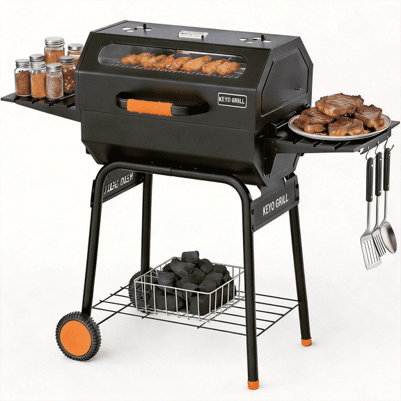 KEYO GRILL BBQ Charcoal Grill with Foldable Side Table,Glass Window ,Warm Rack for Backyard, Black