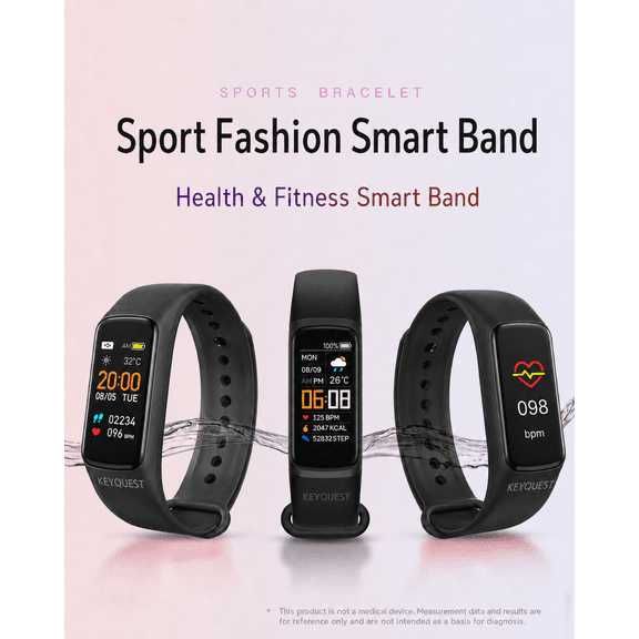 KEYQUEST Waterproof Fitness Tracker Smart Band with Heart Rate Monitor, Step Counter and Calorie Tracker, Black
