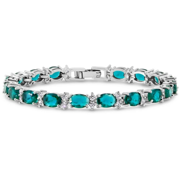 KEZEF Tennis Bracelet Simulated Aquamarine 7x5 mm Oval & 2 mm Round Accents Silver Plated Brass Women 7 inch
