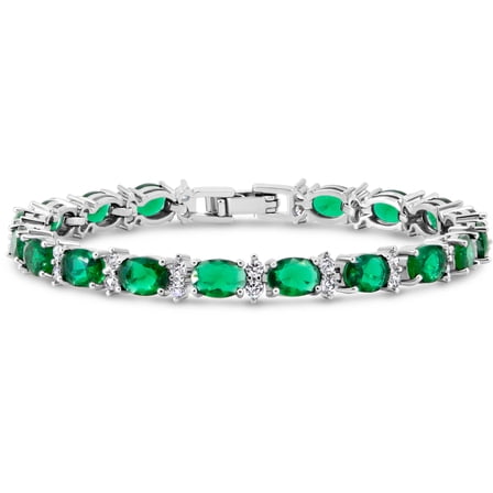 KEZEF Tennis Bracelet Simulated Green Emerald 7x5 mm Oval & 2 mm Round Accents Silver Plated Brass Women 7 inch