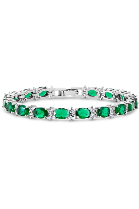 Tennis Bracelet Simulated Green Emerald 7x5 mm Oval & 2 mm Round Accents Silver Plated Brass Women 7 inch