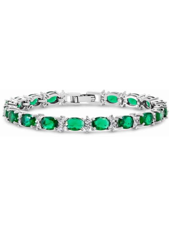 Tennis Bracelet Simulated Green Emerald 7x5 mm Oval & 2 mm Round Accents Silver Plated Brass Women 7 inch