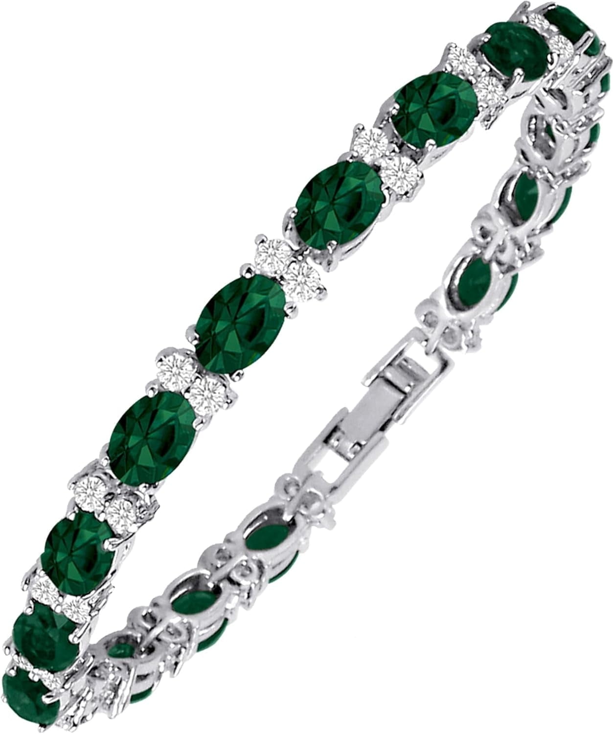 KEZEF Emerald Green Cubic Zirconia Tennis Bracelet for Women - Oval 7x5 CZ & Round 2.50mm White CZ - Silver Plated - 7 Inch