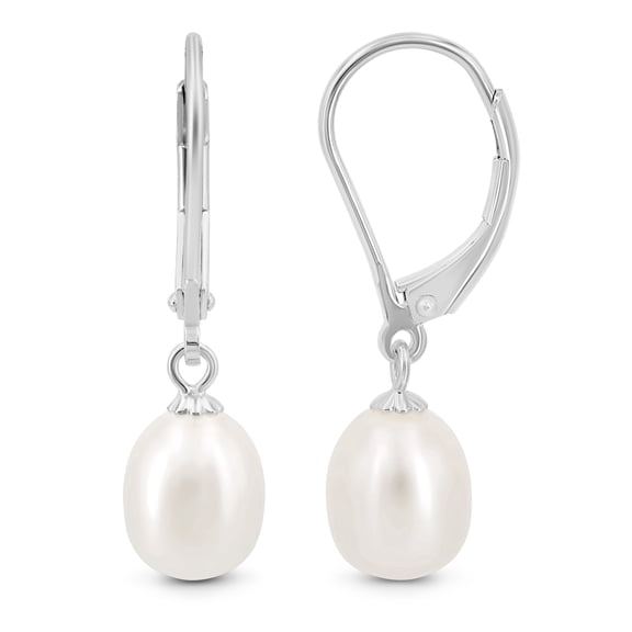 Kezef 14K White Gold Plated Sterling Silver Pearl Drop Earrings for Women White Cultured Pearl Leverback Hypoallergenic June Birthstone Jewelry