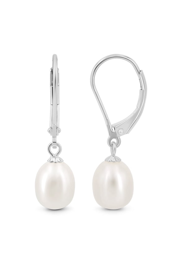 14K White Gold Plated Sterling Silver Pearl Drop Earrings for Women White Cultured Pearl Leverback Hypoallergenic June Birthstone Jewelry