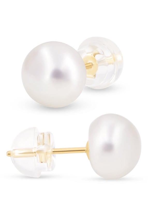 Pearl Stud Earrings for Women 14K Gold-Plated – Pearl Stud Earrings – Unique Pair Earrings Stud with Butterfly 14K Gold-Plated Back with Silicone – 6.5-7mm