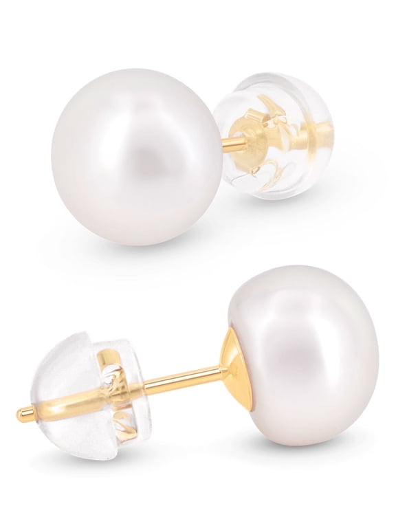 Pearl Stud Earrings for Women 14K Gold-Plated – Pearl Stud Earrings – Unique Pair Earrings Stud with Butterfly 14K Gold-Plated Back with Silicone – 7.5-8mm