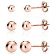 KEZEF Rose Gold Plated Sterling Silver Ball Stud Earrings - Hypoallergenic Trio Set for Women (Includes 3mm, 4mm, 5mm Rounds)