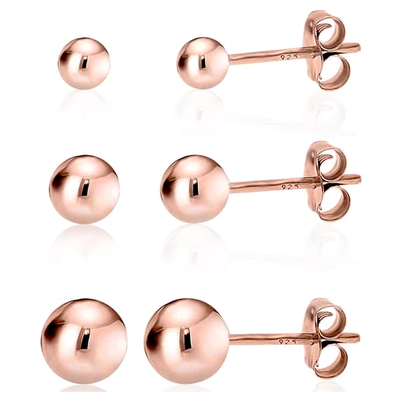 Kezef Rose Gold Plated Sterling Silver Ball Stud Earrings - Hypoallergenic Trio Set for Women (Includes 3mm, 4mm, 5mm Rounds)