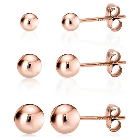 KEZEF Rose Gold Plated Sterling Silver Ball Stud Earrings - Hypoallergenic Trio Set for Women (Includes 3mm, 4mm, 5mm Rounds)