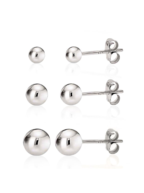 Sterling Silver Ball Stud Earrings - Hypoallergenic Trio Earrings Set for Women (Includes 3mm, 4mm, 5mm Rounds)