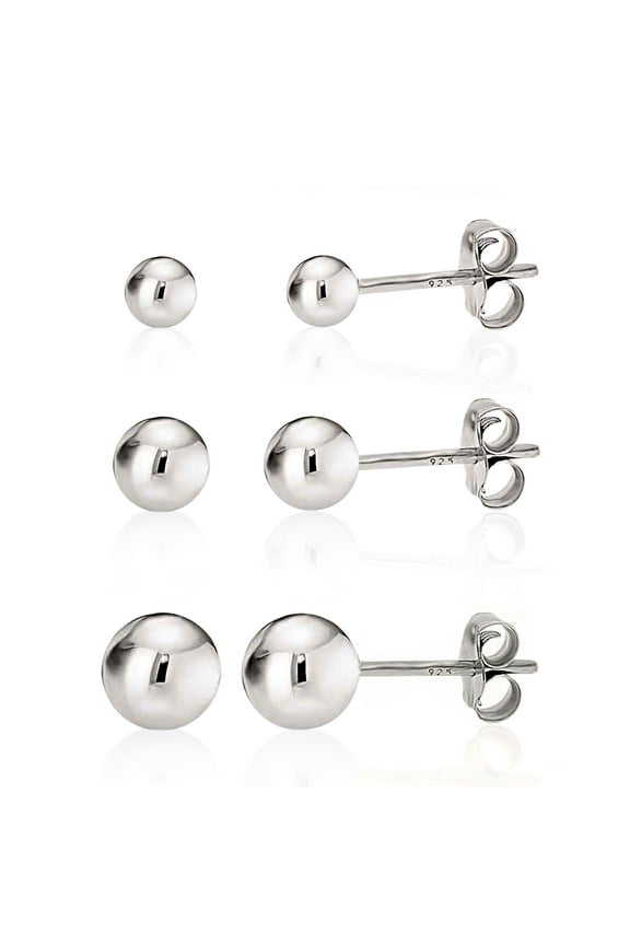 Sterling Silver Ball Stud Earrings - Hypoallergenic Trio Earrings Set for Women (Includes 3mm, 4mm, 5mm Rounds)