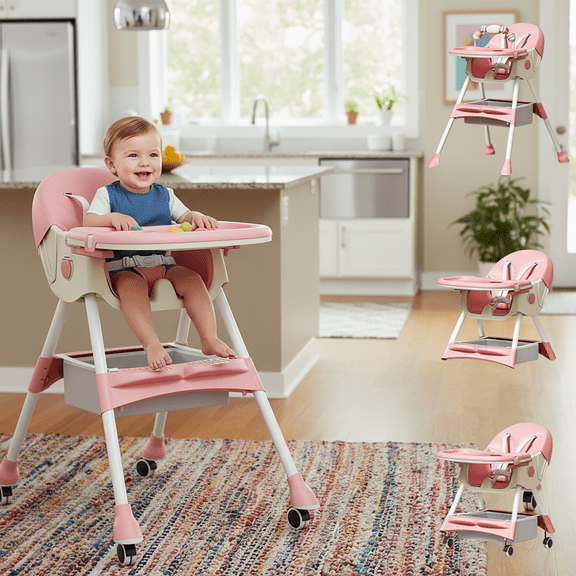 KFeng 4-in-1 Foldable Baby High Chair,Combines Play and Dining, Adjustable Dual-layer Tray and Backrest, Pink