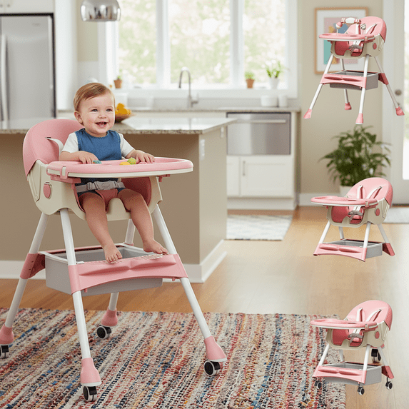 KFeng 4-in-1 Foldable Baby High Chair,Combines Play and Dining, Adjustable Dual-layer Tray and Backrest, Pink